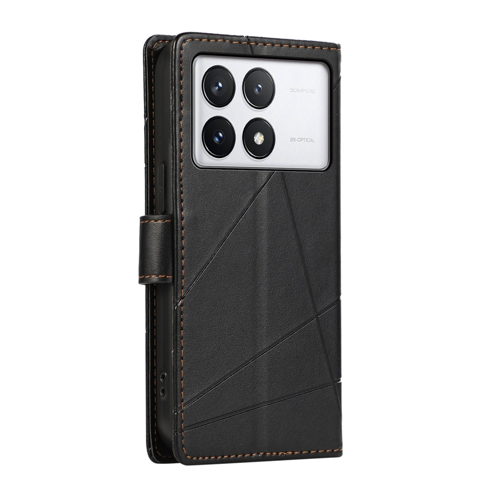 Xiaomi Poco X6 Pro 5G PU Genuine Leather Texture Embossed Line Phone Case with Card Wallet, Kickstand & Wrist Strap