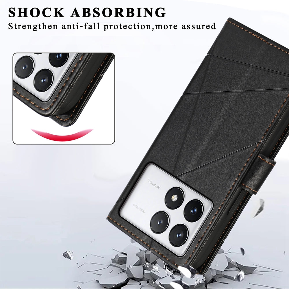 Xiaomi Poco X6 Pro 5G PU Genuine Leather Texture Embossed Line Phone Case with Card Wallet, Kickstand & Wrist Strap