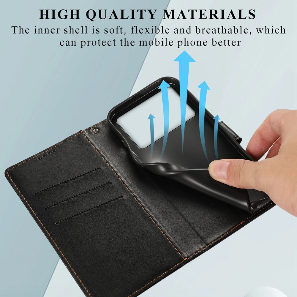 Xiaomi Poco X6 Pro 5G PU Genuine Leather Texture Embossed Line Phone Case with Card Wallet, Kickstand & Wrist Strap