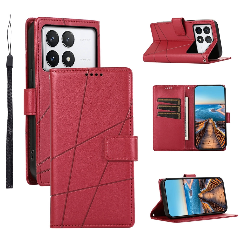 Xiaomi Poco X6 Pro 5G PU Genuine Leather Texture Embossed Line Phone Case with Card Wallet, Kickstand & Wrist Strap