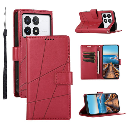 Xiaomi Poco X6 Pro 5G PU Genuine Leather Texture Embossed Line Phone Case with Card Wallet, Kickstand & Wrist Strap
