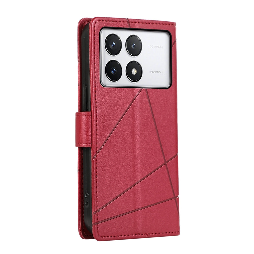 Xiaomi Poco X6 Pro 5G PU Genuine Leather Texture Embossed Line Phone Case with Card Wallet, Kickstand & Wrist Strap