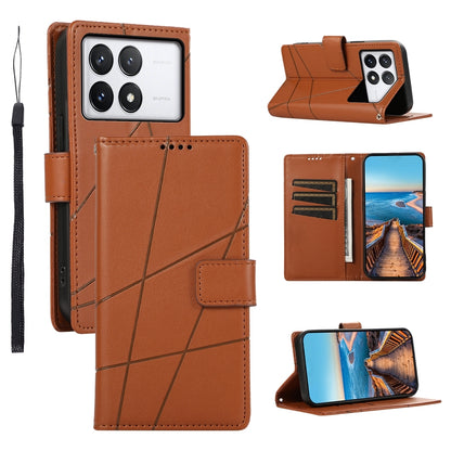 Xiaomi Poco X6 Pro 5G PU Genuine Leather Texture Embossed Line Phone Case with Card Wallet, Kickstand & Wrist Strap