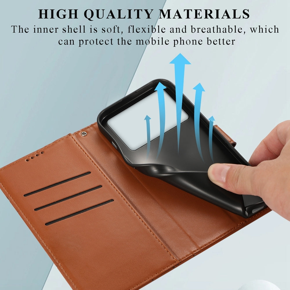 Xiaomi Poco X6 Pro 5G PU Genuine Leather Texture Embossed Line Phone Case with Card Wallet, Kickstand & Wrist Strap