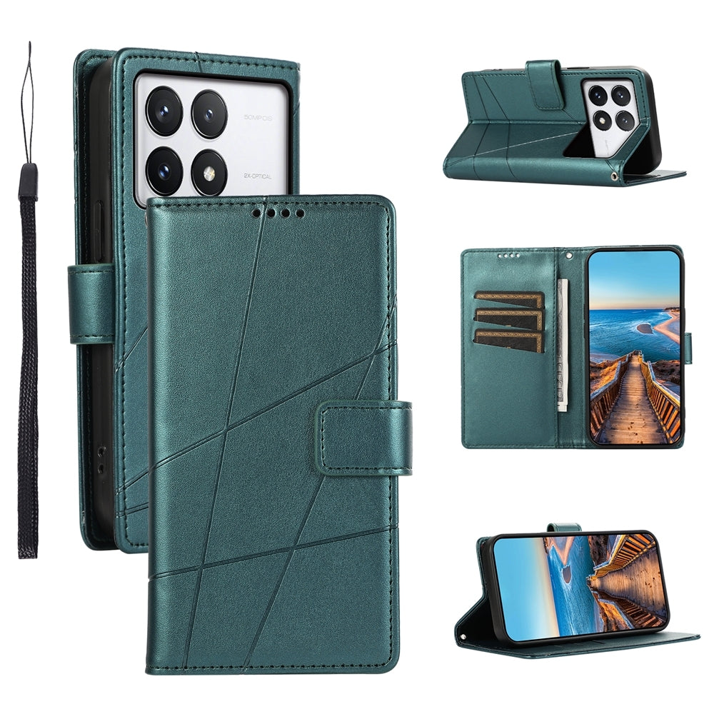 Xiaomi Poco X6 Pro 5G PU Genuine Leather Texture Embossed Line Phone Case with Card Wallet, Kickstand & Wrist Strap