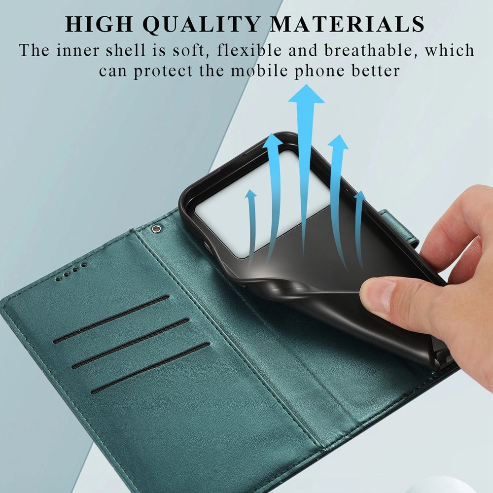 Xiaomi Poco X6 Pro 5G PU Genuine Leather Texture Embossed Line Phone Case with Card Wallet, Kickstand & Wrist Strap