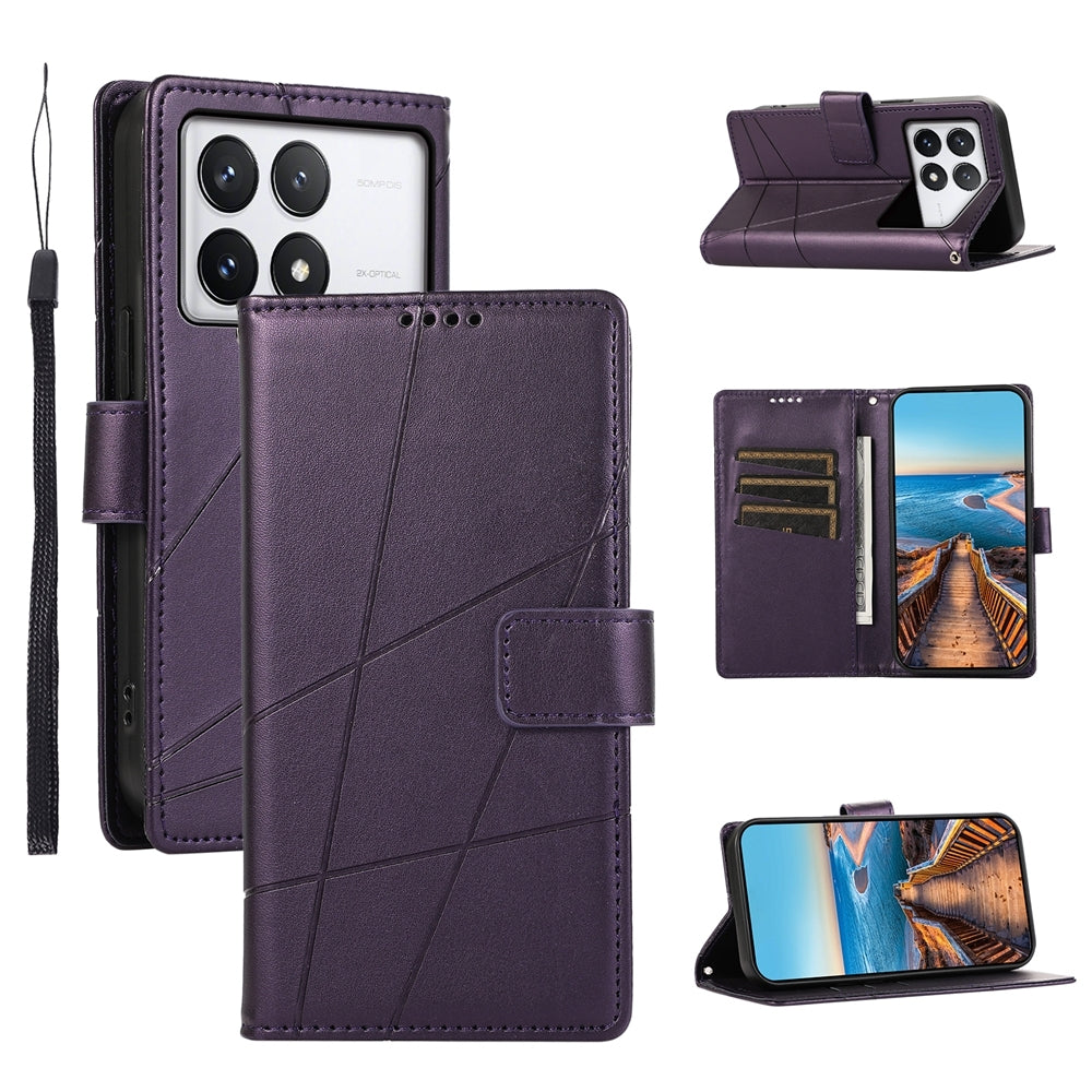 Xiaomi Poco X6 Pro 5G PU Genuine Leather Texture Embossed Line Phone Case with Card Wallet, Kickstand & Wrist Strap