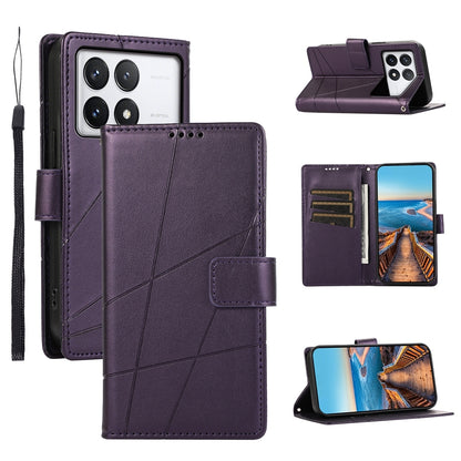 Xiaomi Poco X6 Pro 5G PU Genuine Leather Texture Embossed Line Phone Case with Card Wallet, Kickstand & Wrist Strap