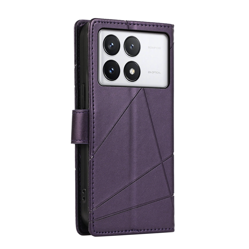 Xiaomi Poco X6 Pro 5G PU Genuine Leather Texture Embossed Line Phone Case with Card Wallet, Kickstand & Wrist Strap