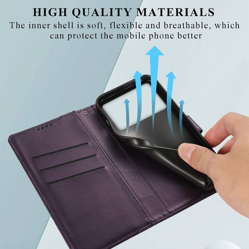 Xiaomi Poco X6 Pro 5G PU Genuine Leather Texture Embossed Line Phone Case with Card Wallet, Kickstand & Wrist Strap