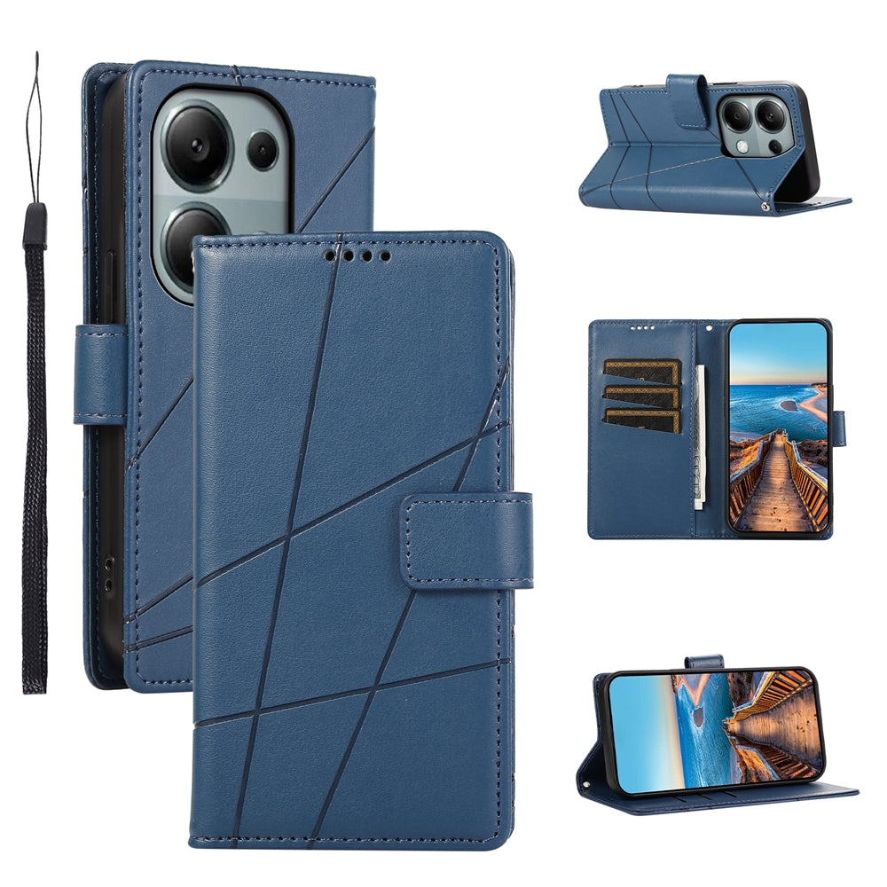 Xiaomi Redmi Note 13 Pro 4G PU Genuine Leather Texture Embossed Line Phone Case with Card Wallet, Kickstand & Wrist Strap