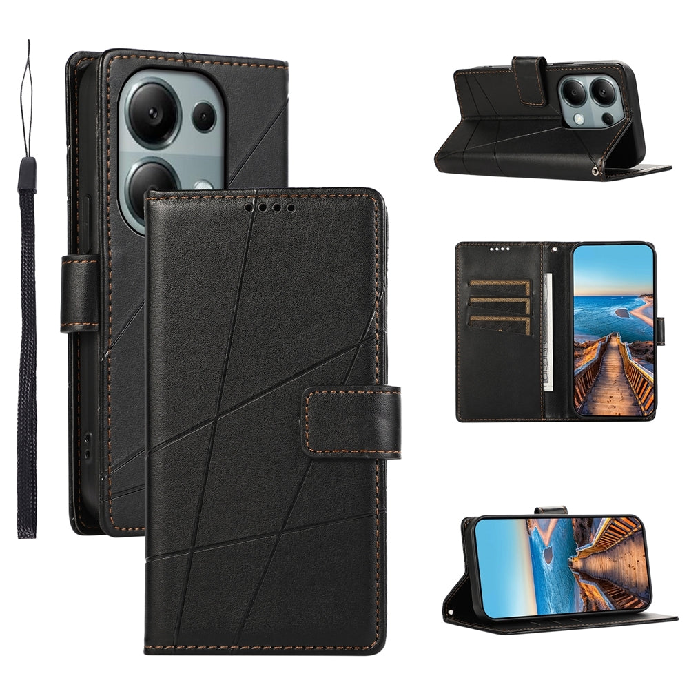 Xiaomi Redmi Note 13 Pro 4G PU Genuine Leather Texture Embossed Line Phone Case with Card Wallet, Kickstand & Wrist Strap