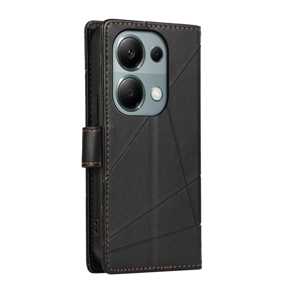 Xiaomi Redmi Note 13 Pro 4G PU Genuine Leather Texture Embossed Line Phone Case with Card Wallet, Kickstand & Wrist Strap