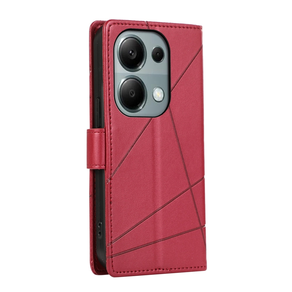 Xiaomi Redmi Note 13 Pro 4G PU Genuine Leather Texture Embossed Line Phone Case with Card Wallet, Kickstand & Wrist Strap
