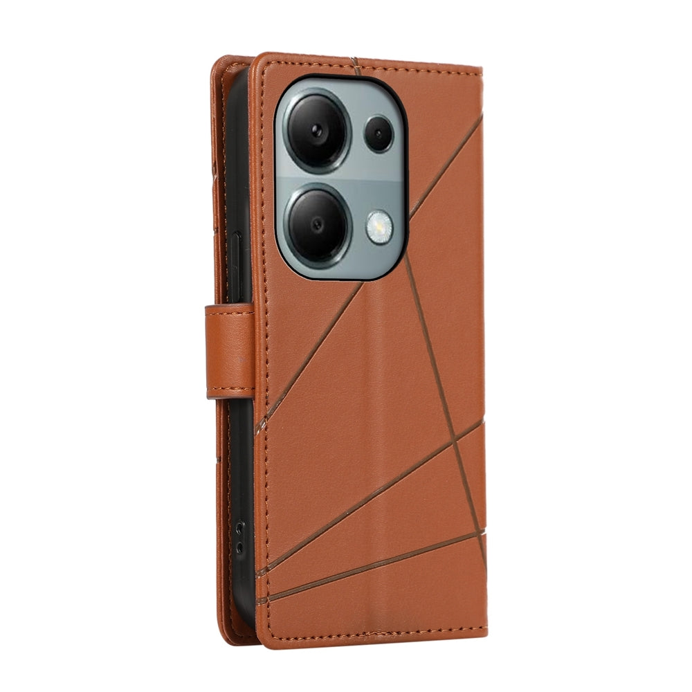 Xiaomi Redmi Note 13 Pro 4G PU Genuine Leather Texture Embossed Line Phone Case with Card Wallet, Kickstand & Wrist Strap