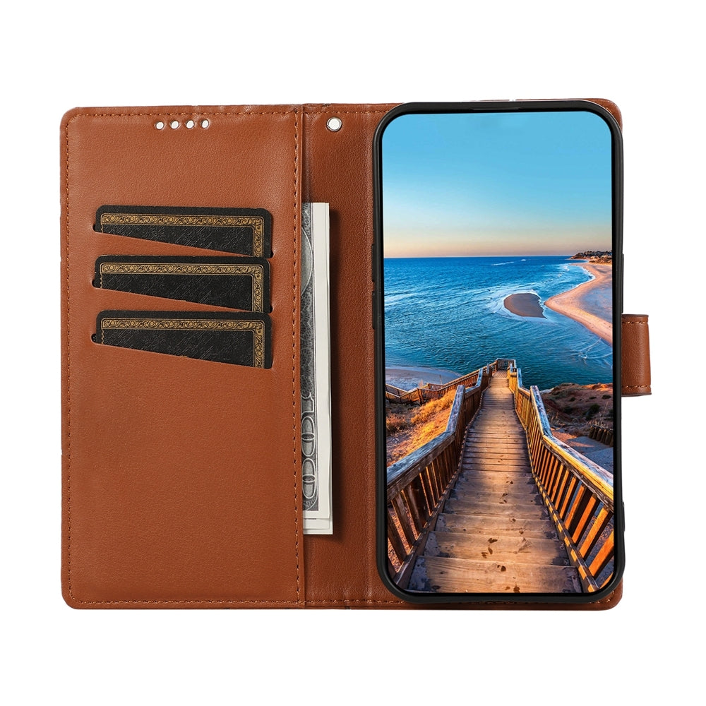 Xiaomi Redmi Note 13 Pro 4G PU Genuine Leather Texture Embossed Line Phone Case with Card Wallet, Kickstand & Wrist Strap