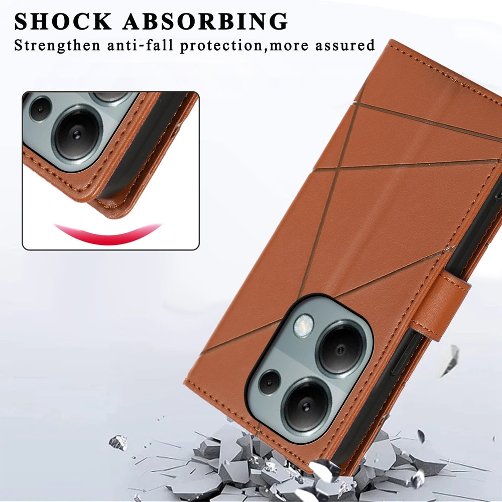 Xiaomi Redmi Note 13 Pro 4G PU Genuine Leather Texture Embossed Line Phone Case with Card Wallet, Kickstand & Wrist Strap
