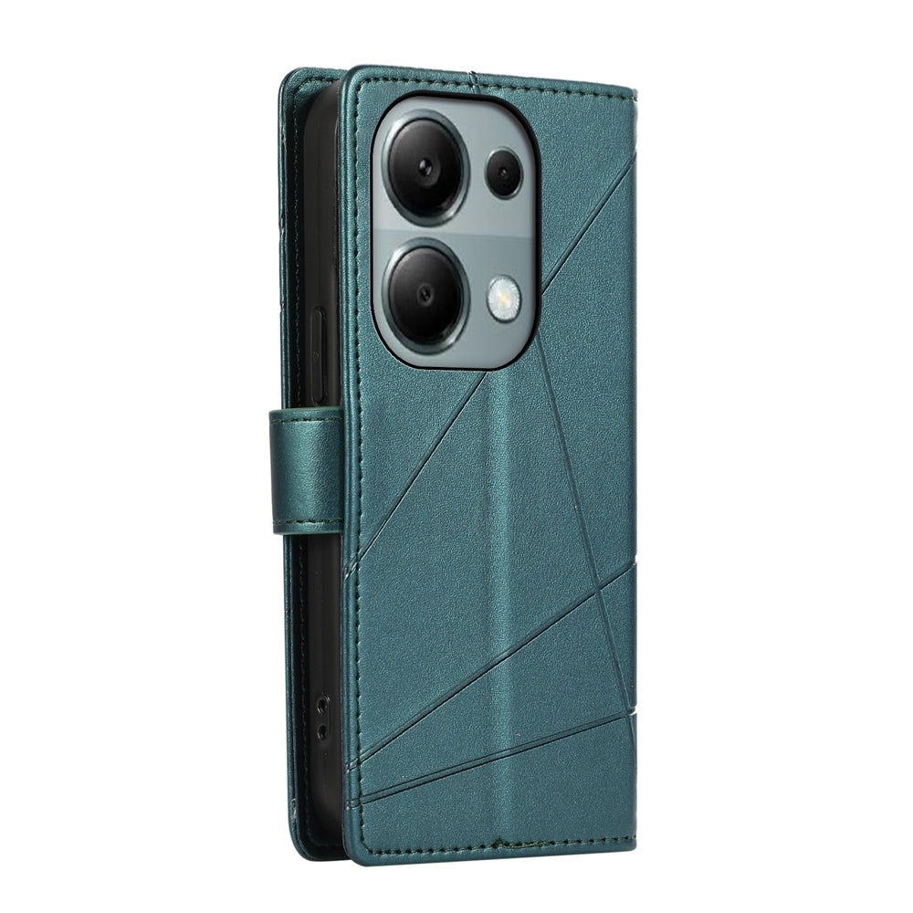 Xiaomi Redmi Note 13 Pro 4G PU Genuine Leather Texture Embossed Line Phone Case with Card Wallet, Kickstand & Wrist Strap
