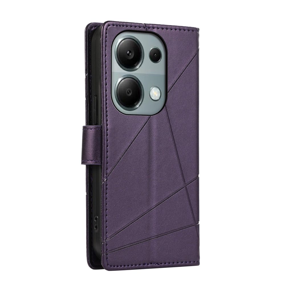 Xiaomi Redmi Note 13 Pro 4G PU Genuine Leather Texture Embossed Line Phone Case with Card Wallet, Kickstand & Wrist Strap