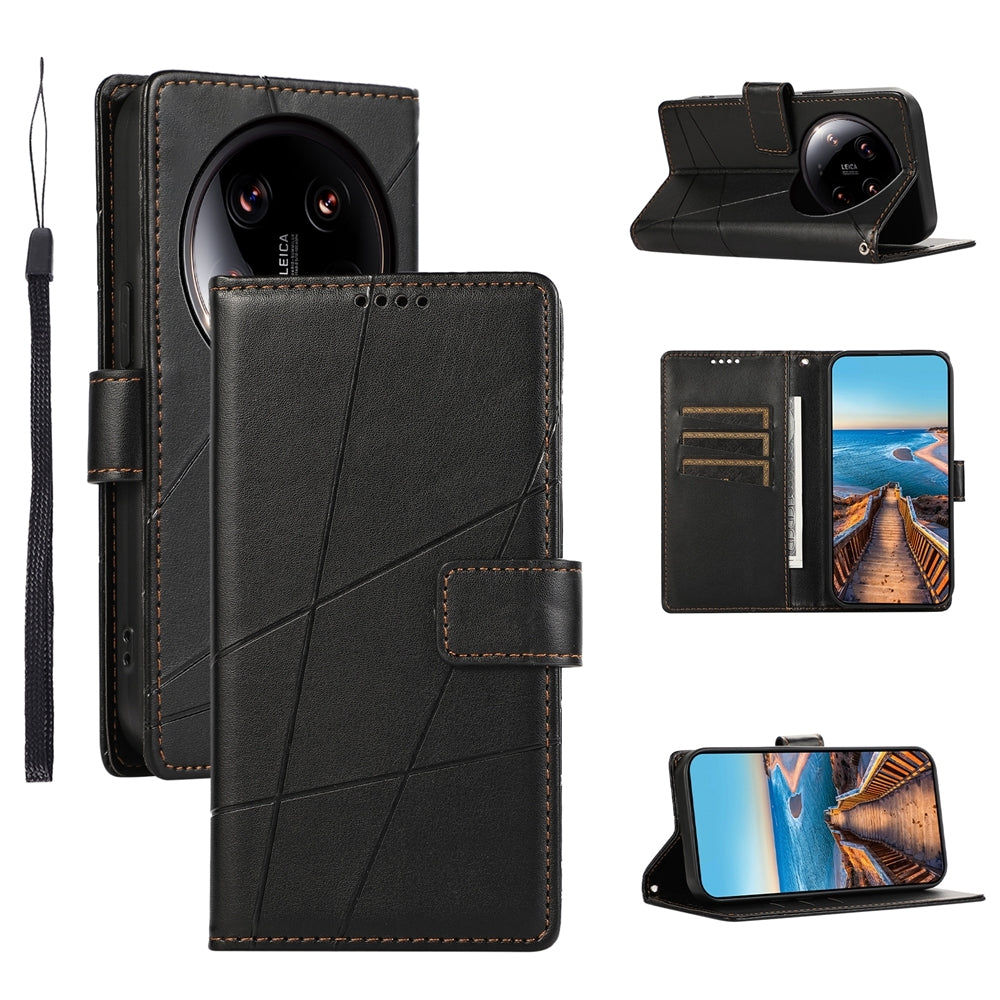 Xiaomi 14 Ultra PU Genuine Leather Texture Embossed Line Phone Case with Card Wallet, Kickstand & Wrist Strap