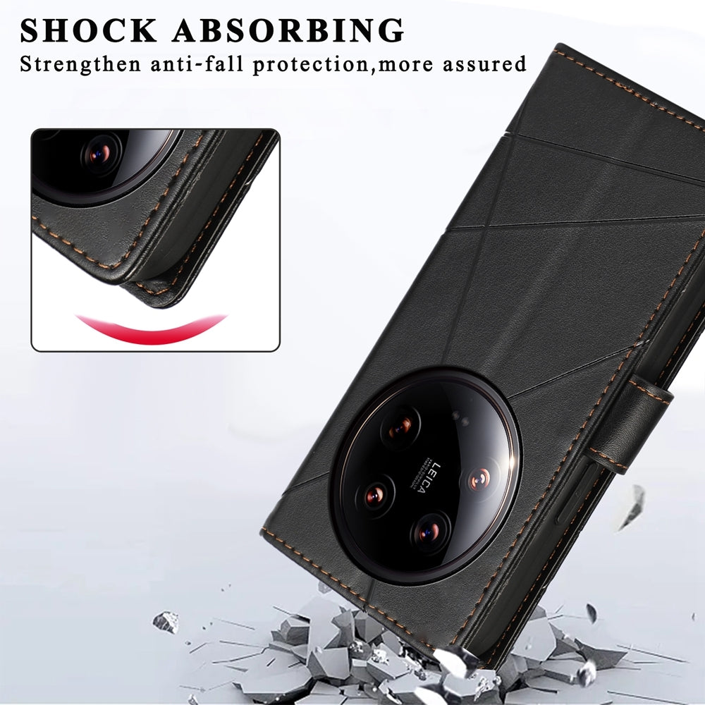 Xiaomi 14 Ultra PU Genuine Leather Texture Embossed Line Phone Case with Card Wallet, Kickstand & Wrist Strap