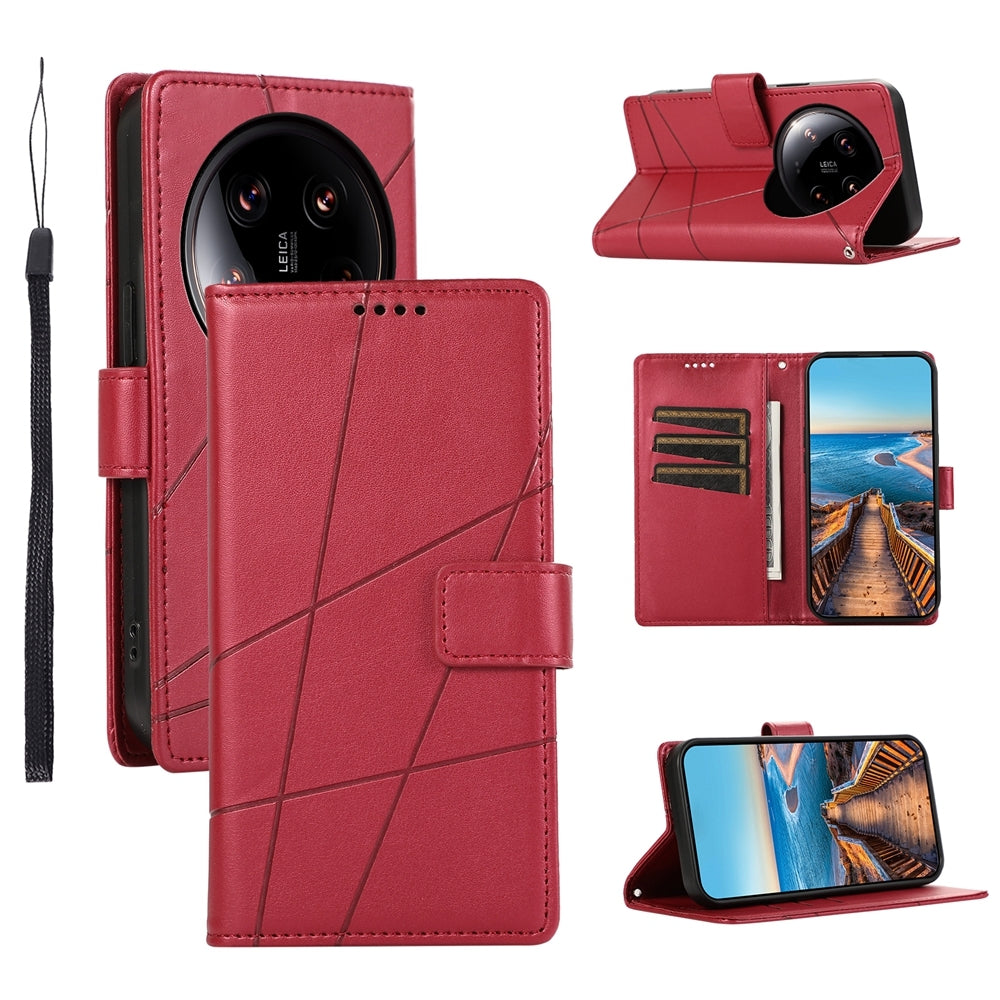 Xiaomi 14 Ultra PU Genuine Leather Texture Embossed Line Phone Case with Card Wallet, Kickstand & Wrist Strap