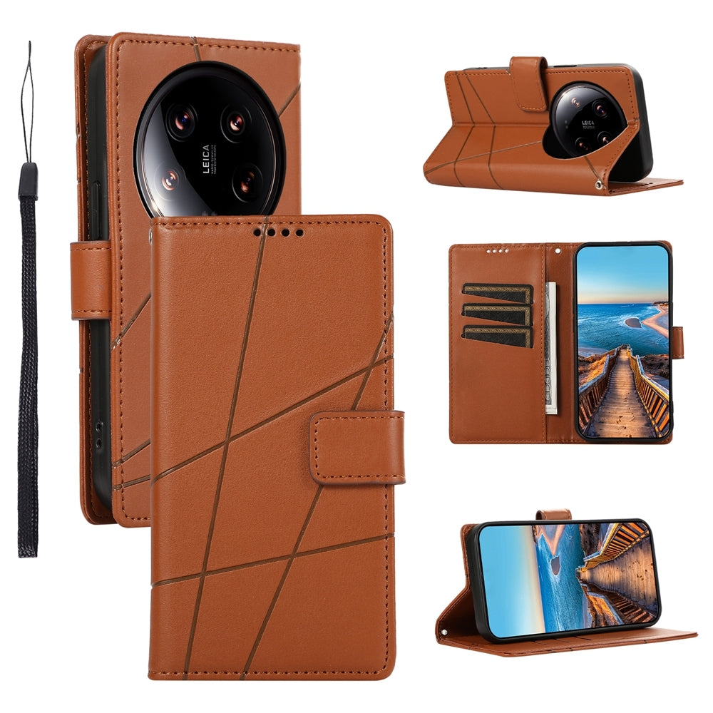 Xiaomi 14 Ultra PU Genuine Leather Texture Embossed Line Phone Case with Card Wallet, Kickstand & Wrist Strap