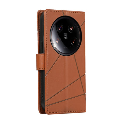 Xiaomi 14 Ultra PU Genuine Leather Texture Embossed Line Phone Case with Card Wallet, Kickstand & Wrist Strap