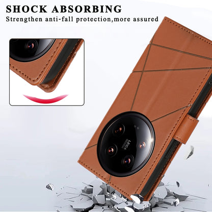 Xiaomi 14 Ultra PU Genuine Leather Texture Embossed Line Phone Case with Card Wallet, Kickstand & Wrist Strap