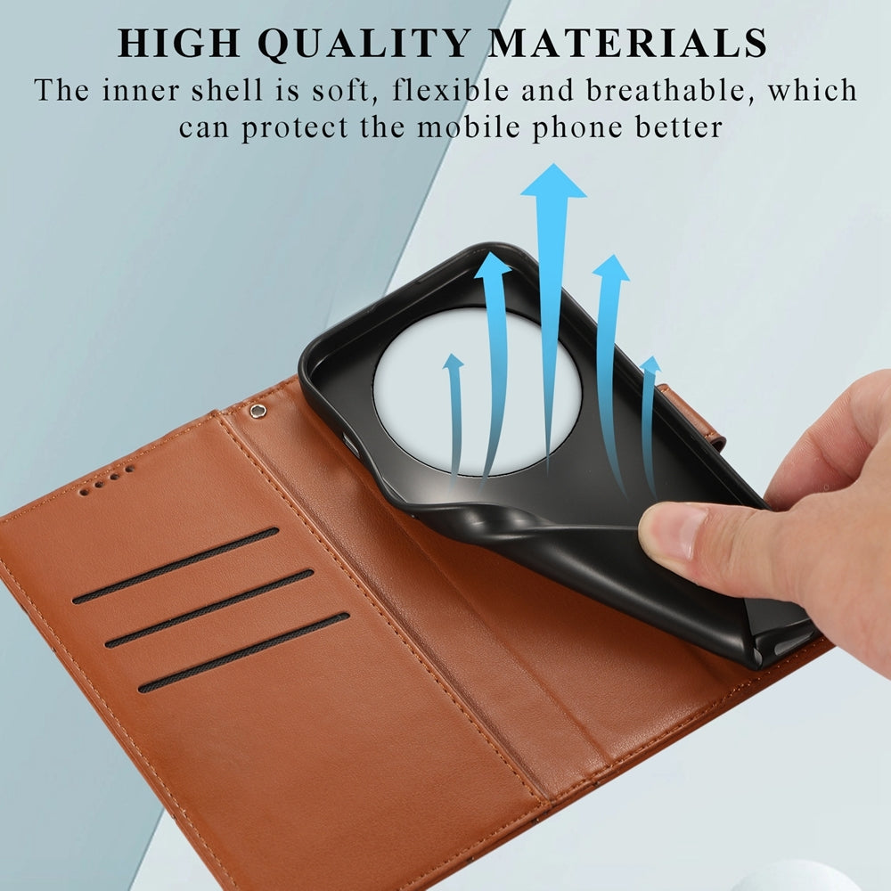 Xiaomi 14 Ultra PU Genuine Leather Texture Embossed Line Phone Case with Card Wallet, Kickstand & Wrist Strap