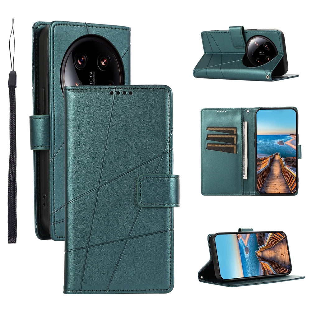 Xiaomi 14 Ultra PU Genuine Leather Texture Embossed Line Phone Case with Card Wallet, Kickstand & Wrist Strap