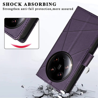 Xiaomi 14 Ultra PU Genuine Leather Texture Embossed Line Phone Case with Card Wallet, Kickstand & Wrist Strap