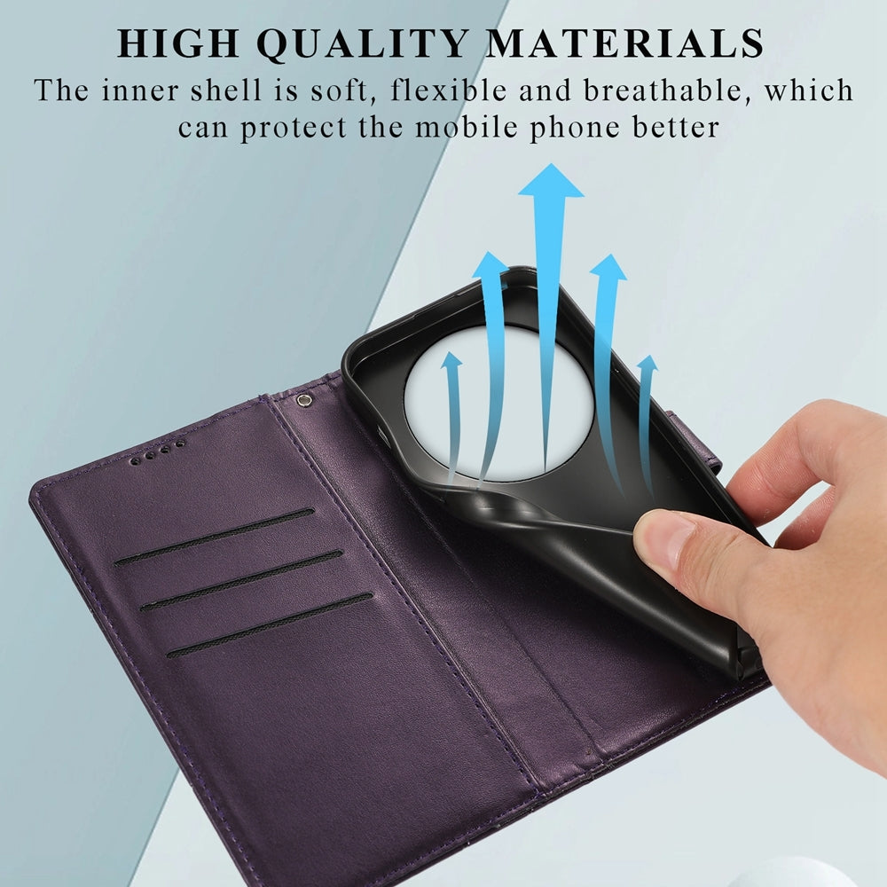 Xiaomi 14 Ultra PU Genuine Leather Texture Embossed Line Phone Case with Card Wallet, Kickstand & Wrist Strap
