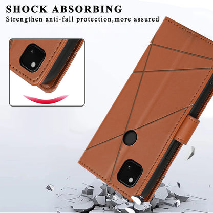 Google Pixel 4a PU Genuine Leather Texture Embossed Line Phone Case with Card Wallet, Kickstand & Wrist Strap