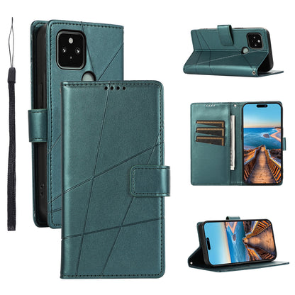Google Pixel 5 PU Genuine Leather Texture Embossed Line Phone Case with Card Wallet, Kickstand & Wrist Strap