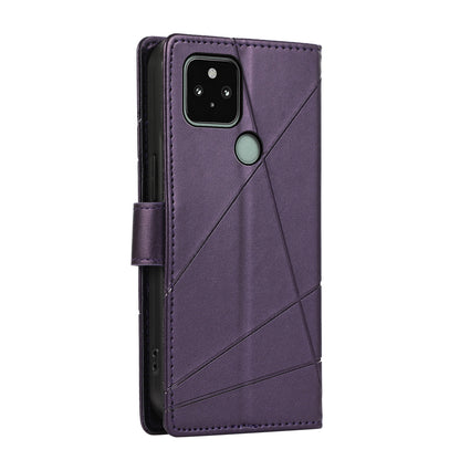 Google Pixel 5 PU Genuine Leather Texture Embossed Line Phone Case with Card Wallet, Kickstand & Wrist Strap
