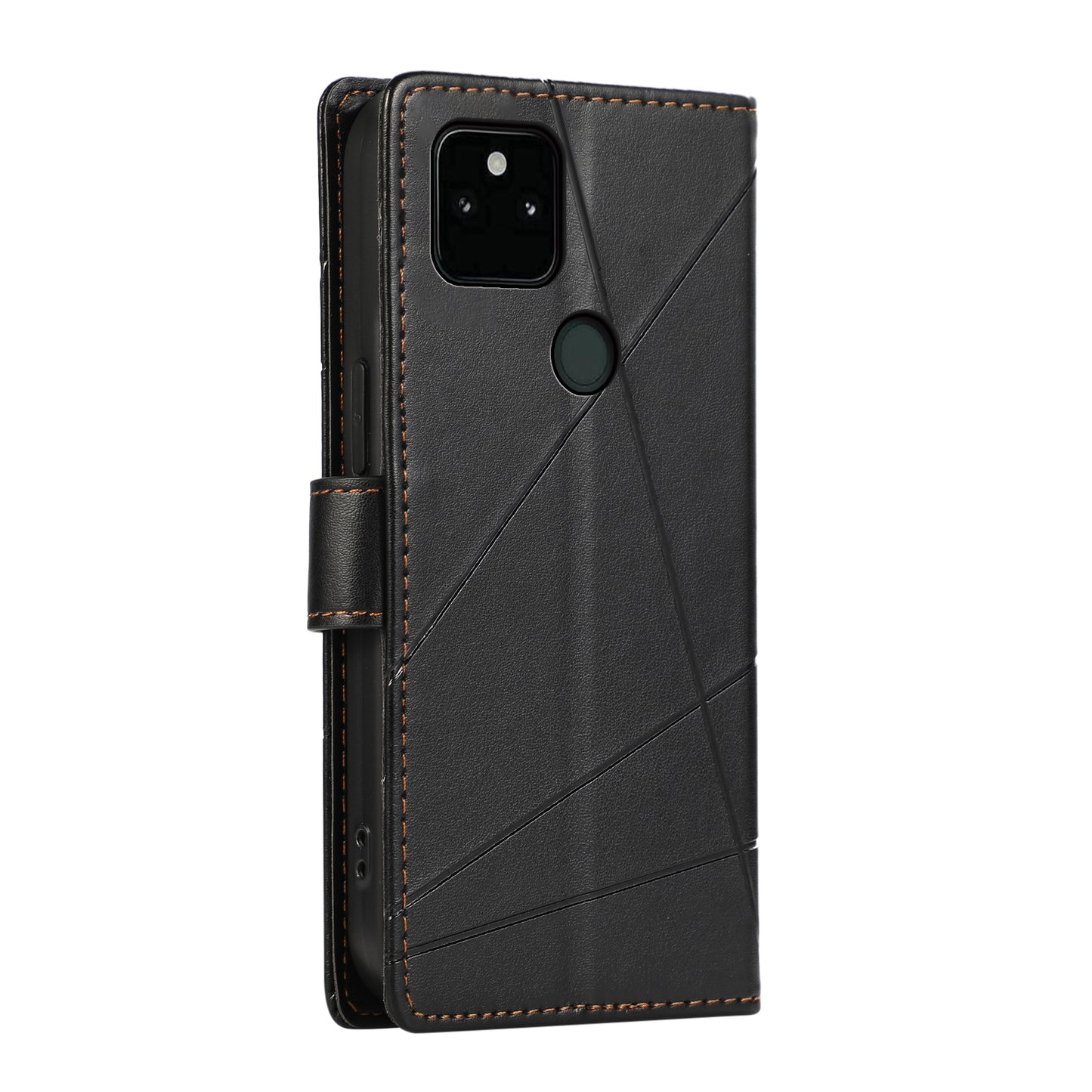 Google Pixel 5a 5G PU Genuine Leather Texture Embossed Line Phone Case with Card Wallet, Kickstand & Wrist Strap