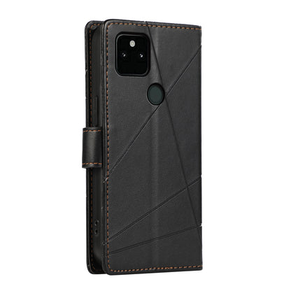 Google Pixel 5a 5G PU Genuine Leather Texture Embossed Line Phone Case with Card Wallet, Kickstand & Wrist Strap