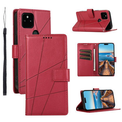 Google Pixel 5a 5G PU Genuine Leather Texture Embossed Line Phone Case with Card Wallet, Kickstand & Wrist Strap