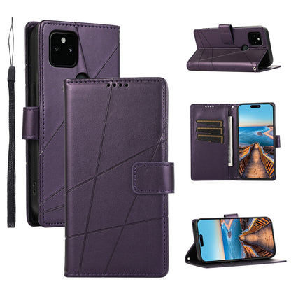 Google Pixel 5a 5G PU Genuine Leather Texture Embossed Line Phone Case with Card Wallet, Kickstand & Wrist Strap