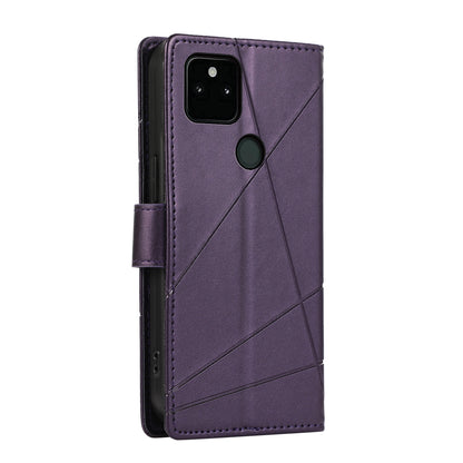 Google Pixel 5a 5G PU Genuine Leather Texture Embossed Line Phone Case with Card Wallet, Kickstand & Wrist Strap