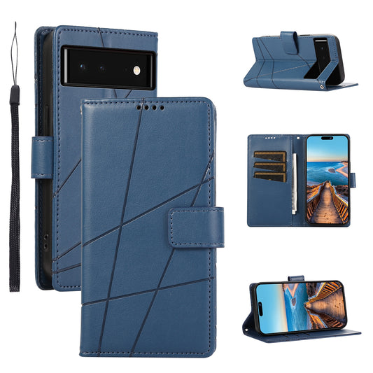 Google Pixel 6 PU Genuine Leather Texture Embossed Line Phone Case with Card Wallet, Kickstand & Wrist Strap