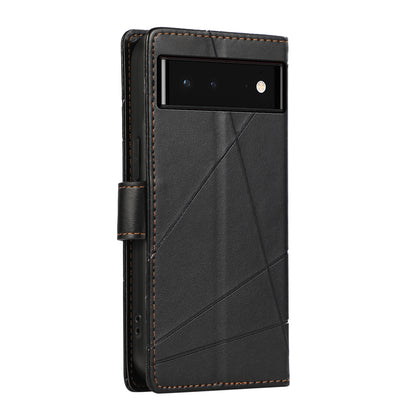 Google Pixel 6 PU Genuine Leather Texture Embossed Line Phone Case with Card Wallet, Kickstand & Wrist Strap
