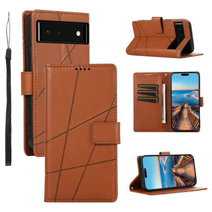 Google Pixel 6 PU Genuine Leather Texture Embossed Line Phone Case with Card Wallet, Kickstand & Wrist Strap