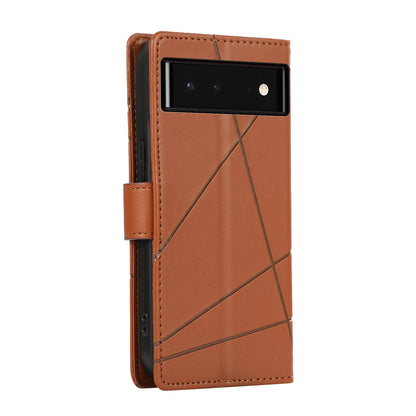 Google Pixel 6 PU Genuine Leather Texture Embossed Line Phone Case with Card Wallet, Kickstand & Wrist Strap