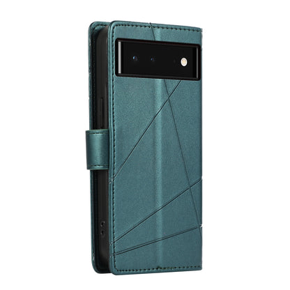 Google Pixel 6 PU Genuine Leather Texture Embossed Line Phone Case with Card Wallet, Kickstand & Wrist Strap
