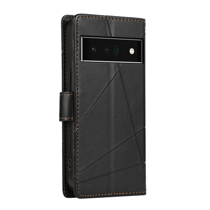 Google Pixel 6 Pro PU Genuine Leather Texture Embossed Line Phone Case with Card Wallet, Kickstand & Wrist Strap