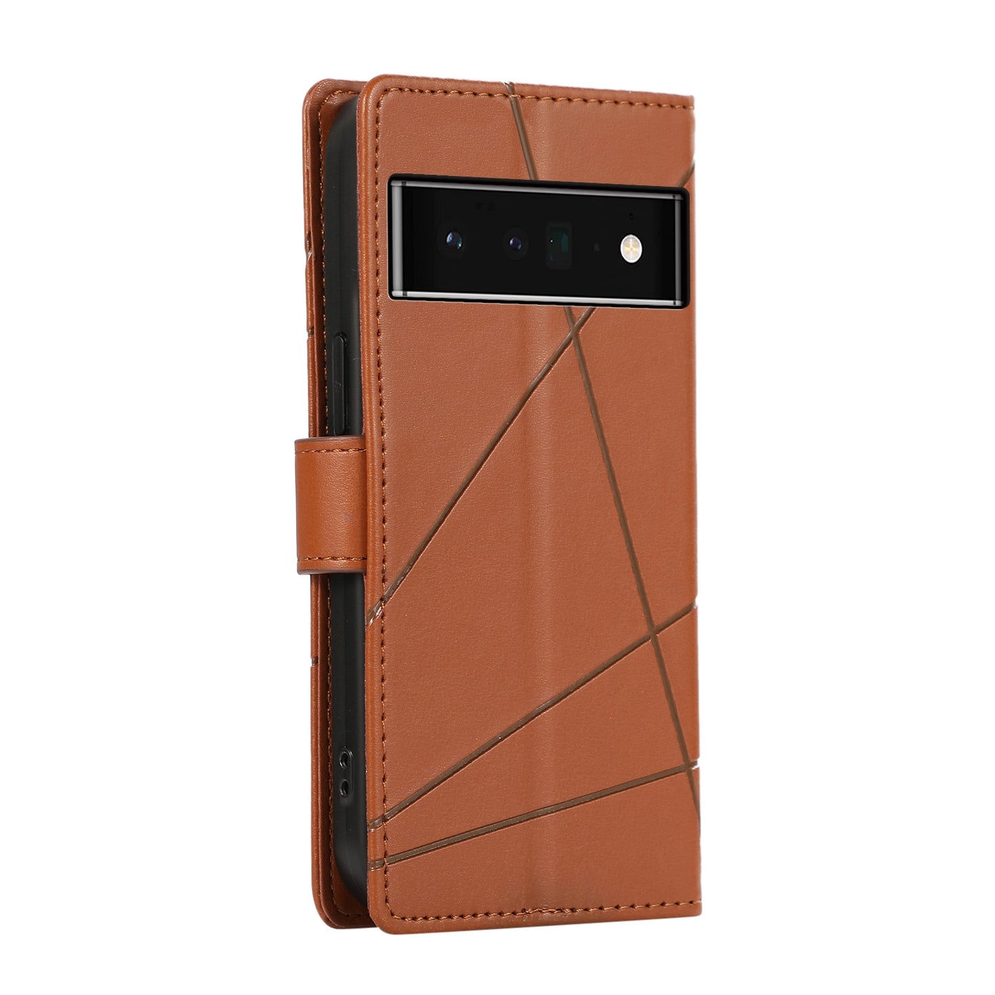 Google Pixel 6 Pro PU Genuine Leather Texture Embossed Line Phone Case with Card Wallet, Kickstand & Wrist Strap