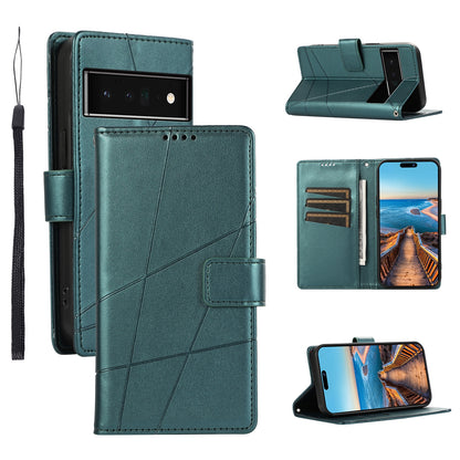 Google Pixel 6 Pro PU Genuine Leather Texture Embossed Line Phone Case with Card Wallet, Kickstand & Wrist Strap