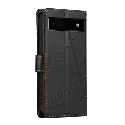 Google Pixel 6a PU Genuine Leather Texture Embossed Line Phone Case with Card Wallet, Kickstand & Wrist Strap